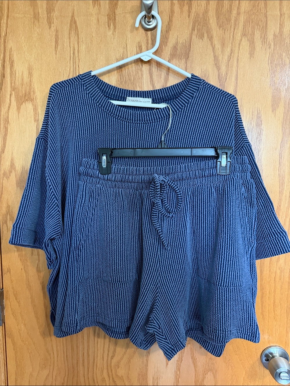 Zenana Navy Textured Short Sleeve Knit Top and Shorts